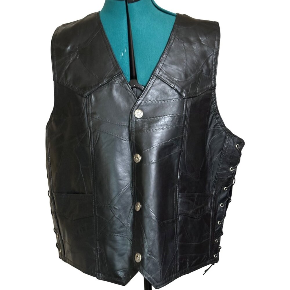 Diamond Plate Genuine Buffalo Leather Black Vest Skull Theme Men's Size XL